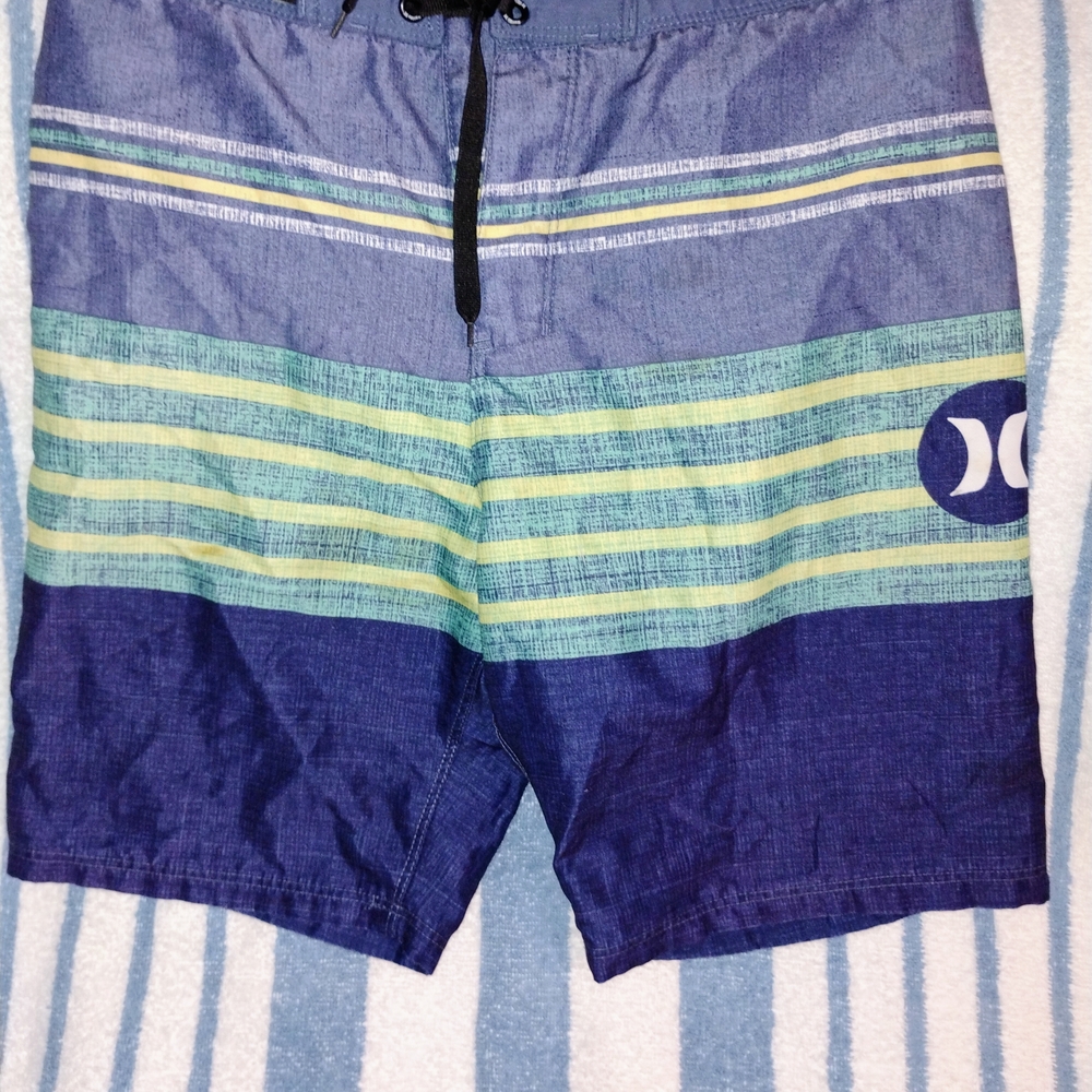 Hurley Navy & Teal Striped Boys Swim Trunks Size 12